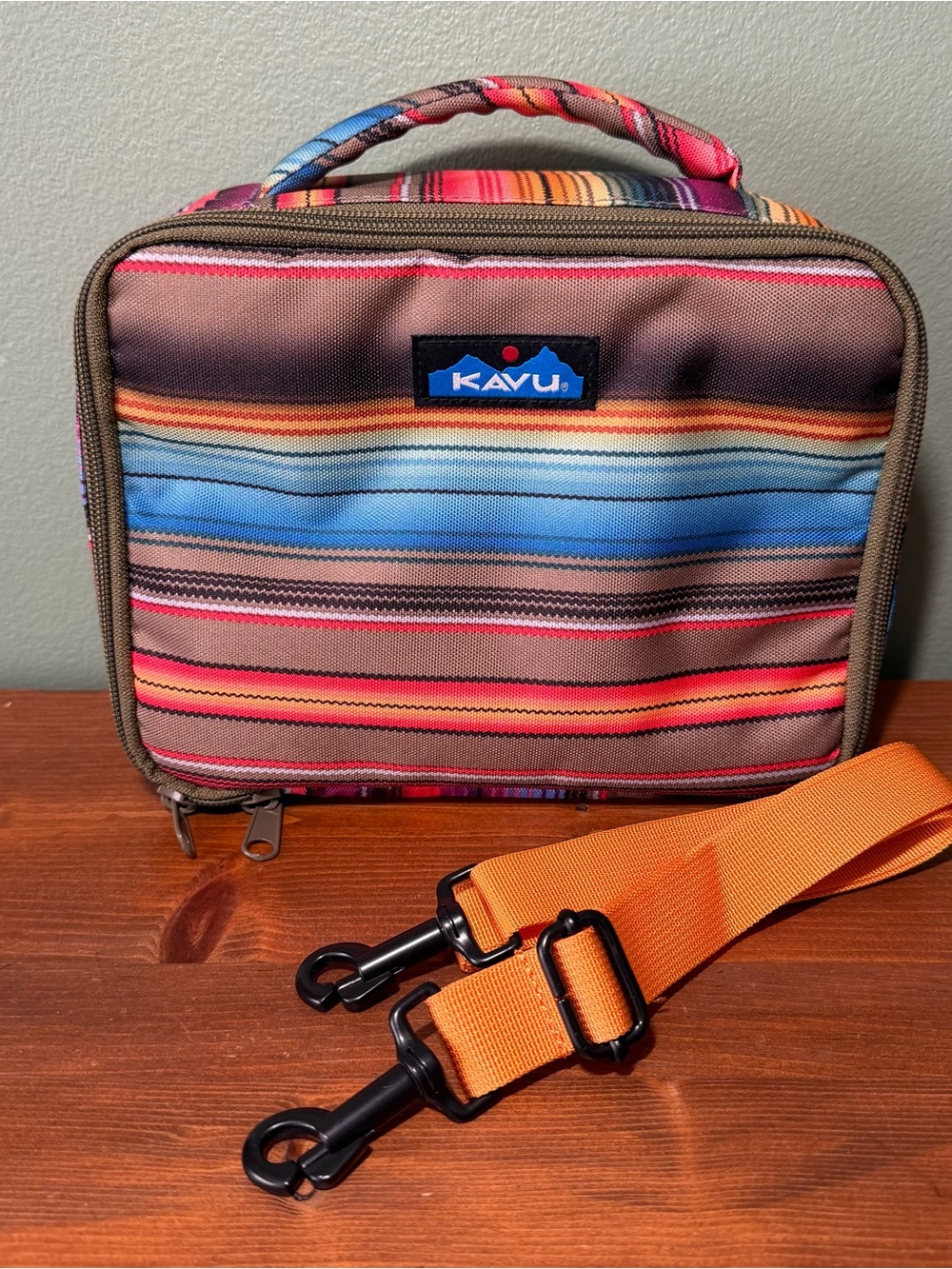 Kavu Multicolor Striped Toiletry Bag with Orange Strap